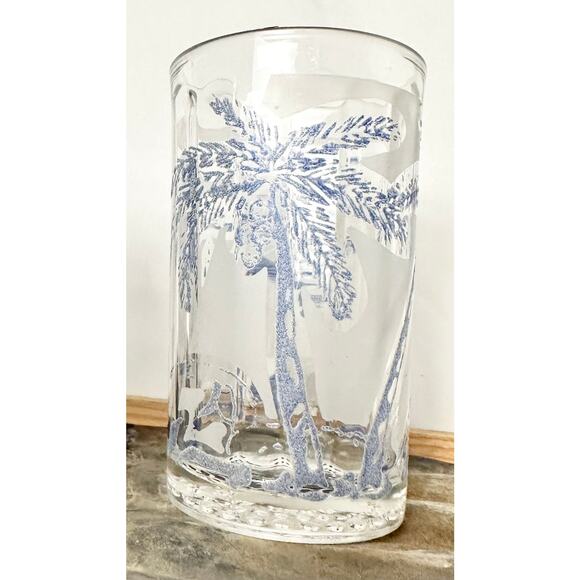 Vintage Set of Three, 7oz Frosted and Embossed Blue Palm Tree Tumblers - Picture 2 of 8